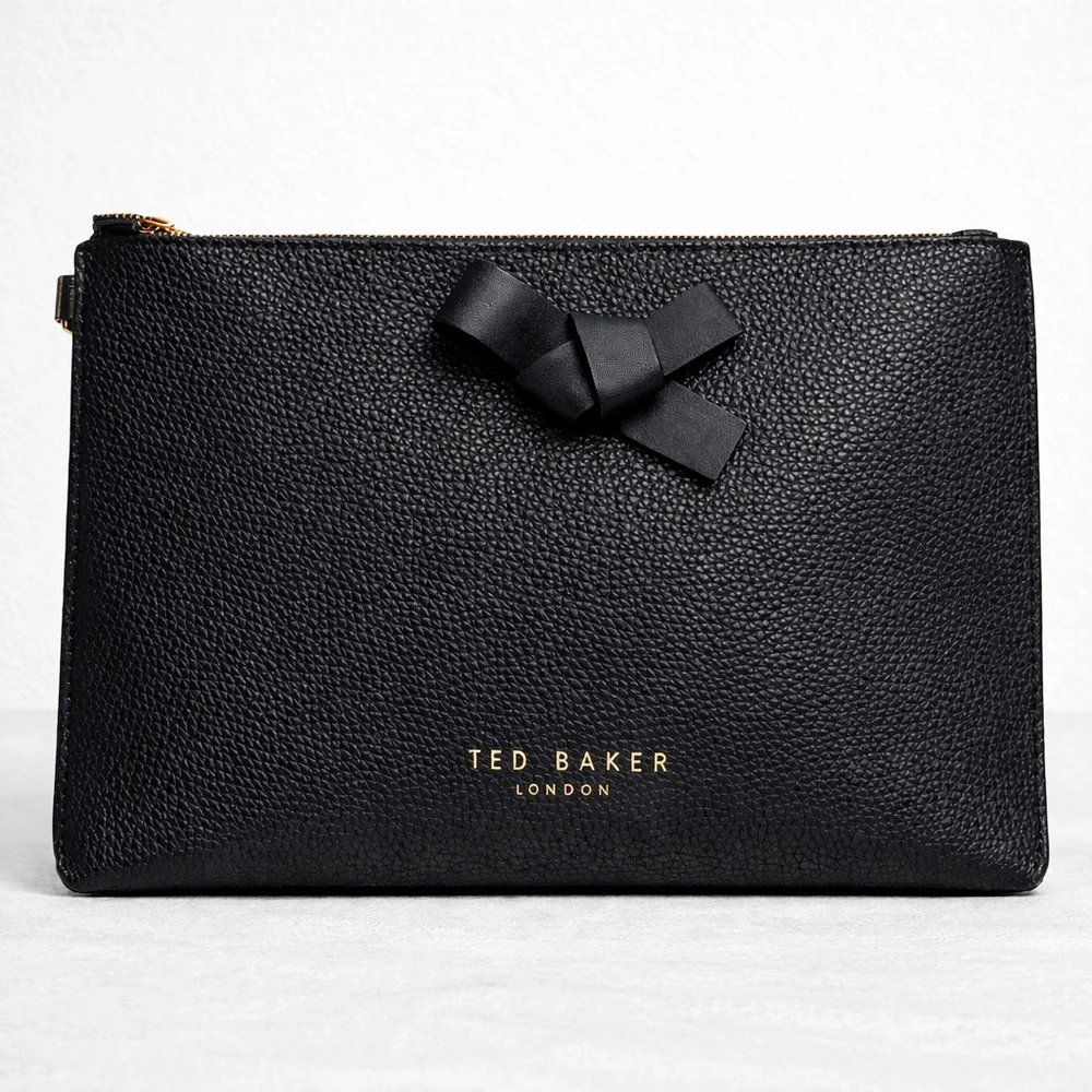 Ted Baker London Black Pebbled Leather Bow Clutch Cosmetic Bag NWOT